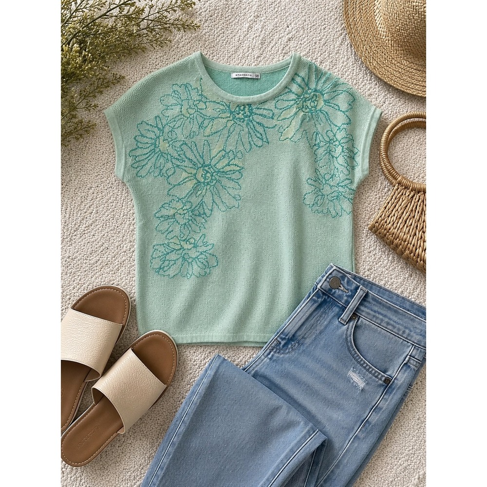 Staccato Mint Floral Knit Sweater Top Size Small Cap Sleeve‎ Lightweight